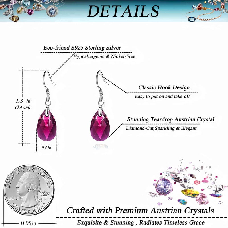 EVEVIC Austrian Crystal Teardrop Dangle Earrings for Women Drop Hook Earring 925 Sterling Silver Hypoallergenic Jewelry (Fuchsia) - Image 4